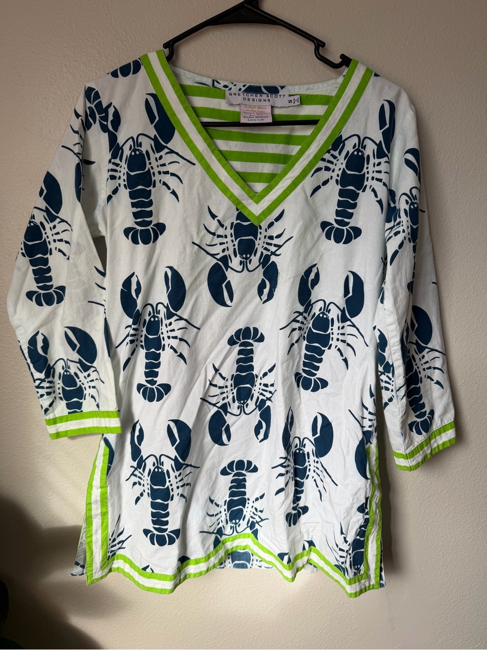 Gretchen Scott Sea Lobster Print V-Neck Tunic White & Navy Lime Trim S Preppy